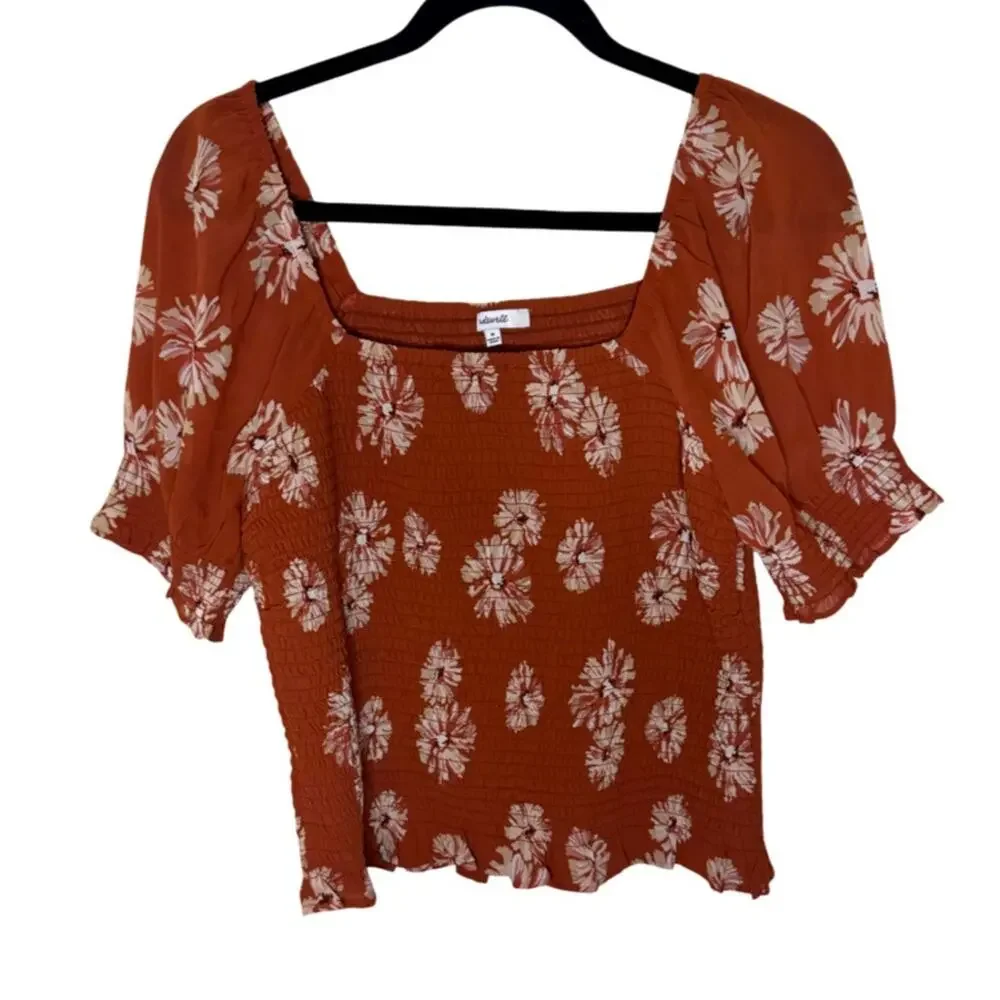 Madewell Georgette Lucie Puff-Sleeve Smocked Bodice Top - Moody Blooms
